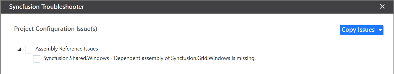 Dependent assemblies missing issue shown in Troubleshooter wizard