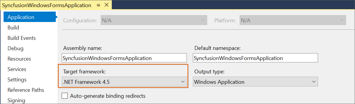 Target Framework version of application