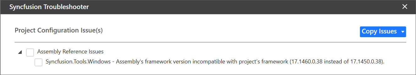 Framework mismatch issue shown in Troubleshooter wizard