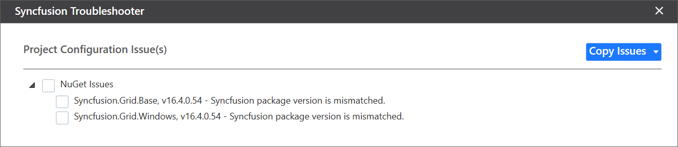 Syncfusion NuGet Packages version mismatched issue shown in Troubleshooter wizard