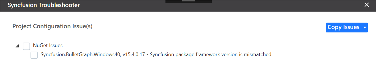 Syncfusion NuGet packages Framework version mismatched issue shown in Troubleshooter wizard