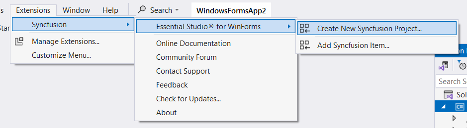 Choose Syncfusion WinForms Application from Visual Studio new project dialog via Syncfusion menu