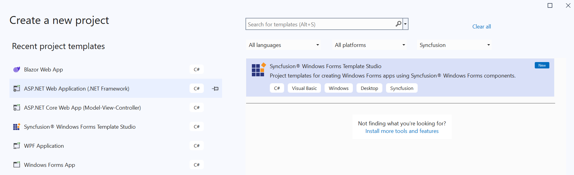 Choose Syncfusion WinForms Application from Visual Studio new project dialog