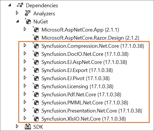 Required NuGet packages restored for the selected Syncfusion Essential JS 1 ASP.NET Core controls