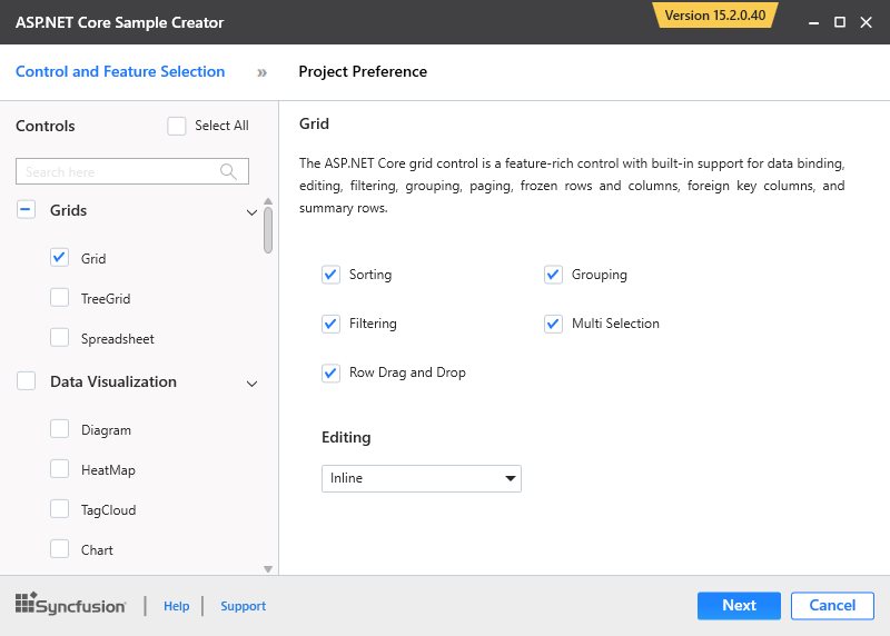 Syncfusion Essential JS 1 ASP.NET Core Sample Creator wizard