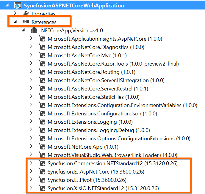 Required NuGet/Bower packages restored for the selected Syncfusion Essential JS 1 ASP.NET Core controls