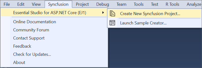 Choose Syncfusion ASP.NET Core Application from Visual Studio New Project dialog via Syncfusion menu