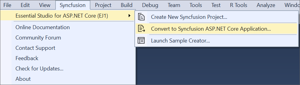 Syncfusion Essential JS 1 ASP.NET Core Project Conversion via Syncfusion menu