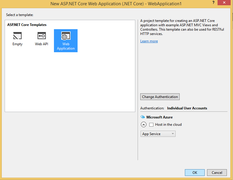 create ASP.NET Core web application via New Project Template wizard