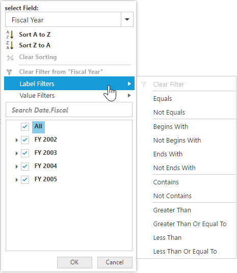 Label filtering options in ASP NET Core pivot client control