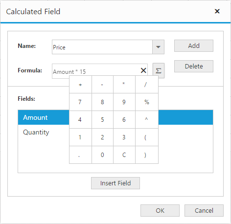 Calculated field dialog in ASP NET Core pivot grid control