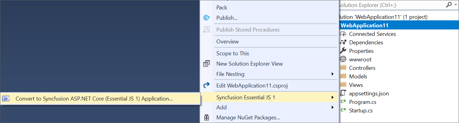 Syncfusion Essential JS 1 ASP.NET Core Project Conversion add-in