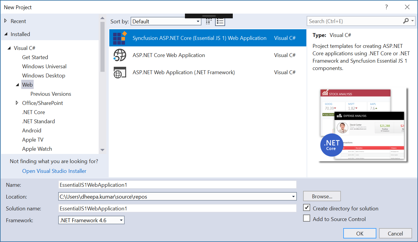 Choose Syncfusion ASP.NET Core Application from Visual Studio New Project dialog