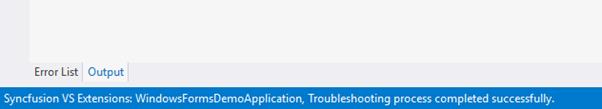 Syncfusion Troubleshooter process success status message in visual studio status bar