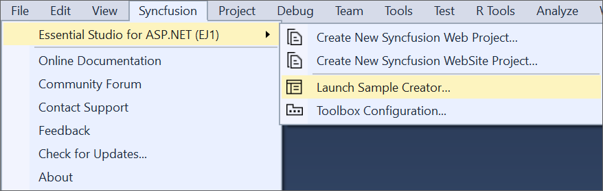 Syncfusion Essential JS 1 ASP.NET Web Forms control panel to launch Syncfusion Essential JS 1 ASP.NET Web Forms Sample Creator