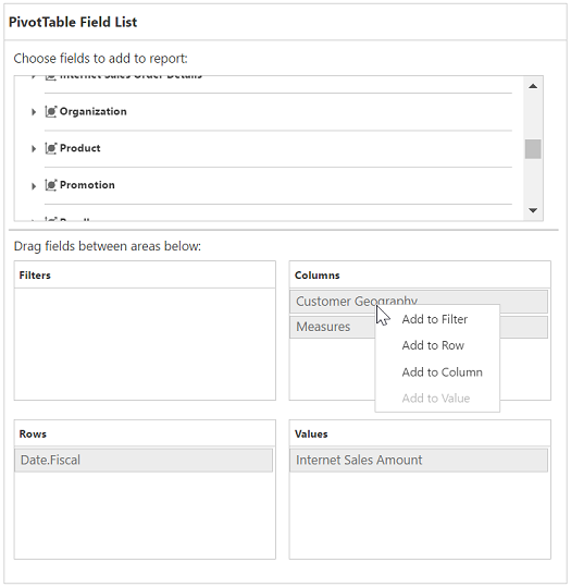 Context menu in pivot button of ASP NET field list