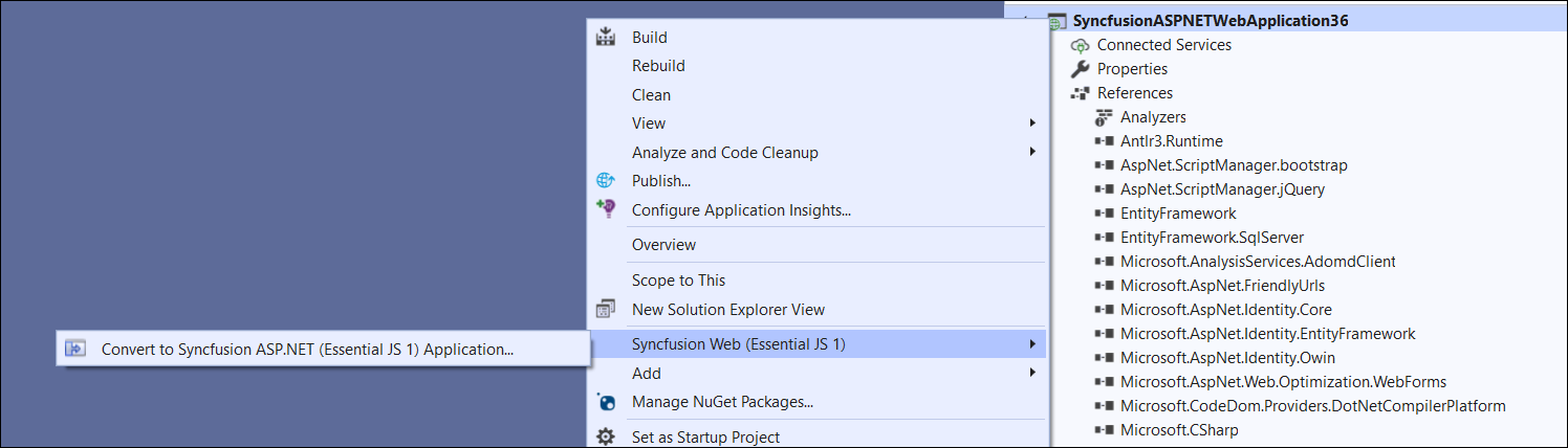 Syncfusion Essential JS 1 ASP.NET Web Forms Project Conversion add-in