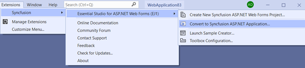 Syncfusion Essential JS 1 ASP.NET Web Forms Project Conversion via Syncfusion menu
