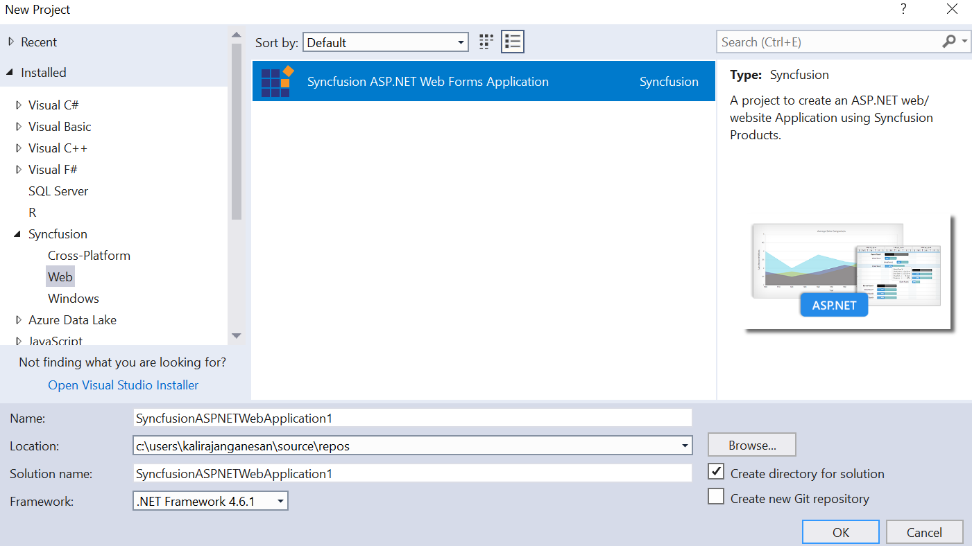 Choose Syncfusion ASP.NET Web Forms Application from Visual Studio new project dialog