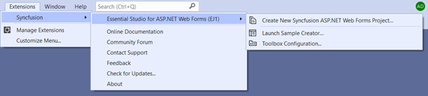 Choose Syncfusion ASP.NET Web Application or Syncfusion ASP.NET Web Site from Visual Studio new project dialog via Syncfusion menu