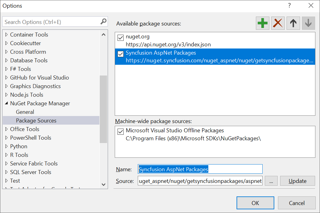 NuGet Package Manager dialog with Syncfusion ASP.NET NuGet feed URL for reference