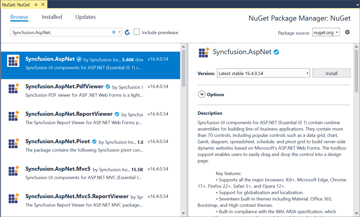 Selecting one of the syncfusion universal nuget package
