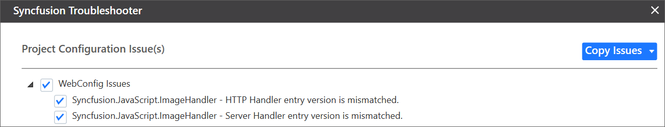 Syncfusion HTTP/Server handler entry mismatched issue shown in Troubleshooter wizard