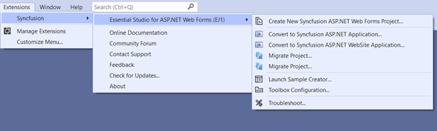 Syncfusion Essential JS 1 ASP.NET Web Forms Project Migration via Syncfusion menu