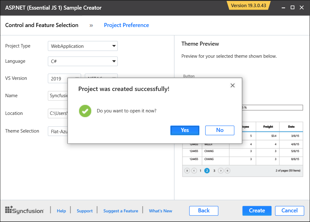 The project successfully created using Syncfusion Essential JS 1 ASP.NET Web Forms Sample Creator
