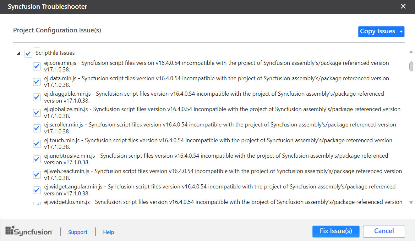 Syncfusion script file version mismatched issue shown in Troubleshooter wizard