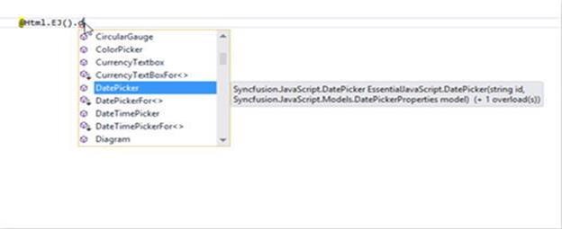Syncfusion Essential JS 1 ASP.NET MVC datepicker control snippet