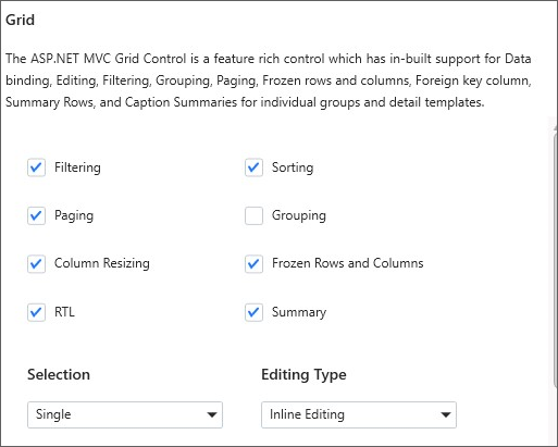 Syncfusion Essential JS 1 ASP.NET MVC Sample Creator Feature Selection