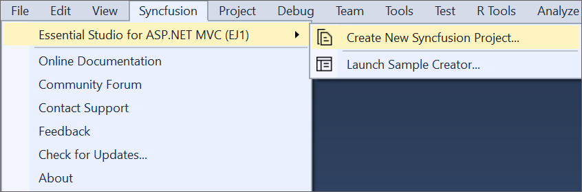 Choose Syncfusion ASP.NET MVC Web Application from Visual Studio new project dialog via Syncfusion menu