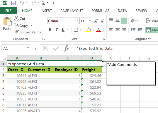 Adding comments in Excel sheet in ASP.NET MVC Grid