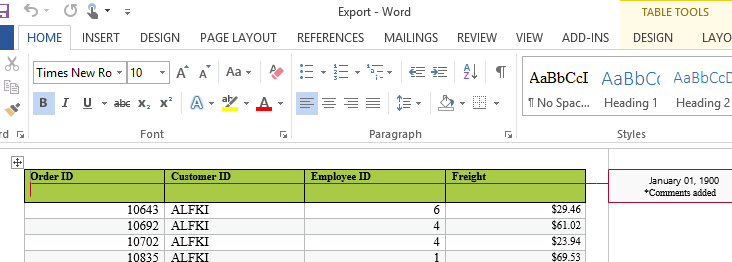 Adding comments in exported Word document in ASP.NET MVC Grid