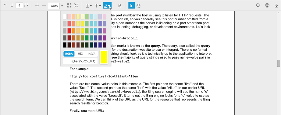 Text markup annotation colorpicker