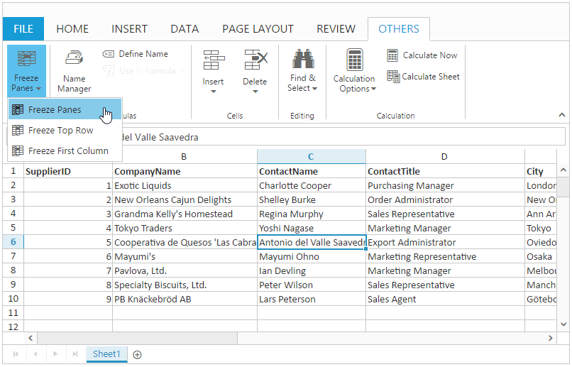 Freeze Pane with Spreadsheet widget for Syncfusion Essential ASP .Net MVC