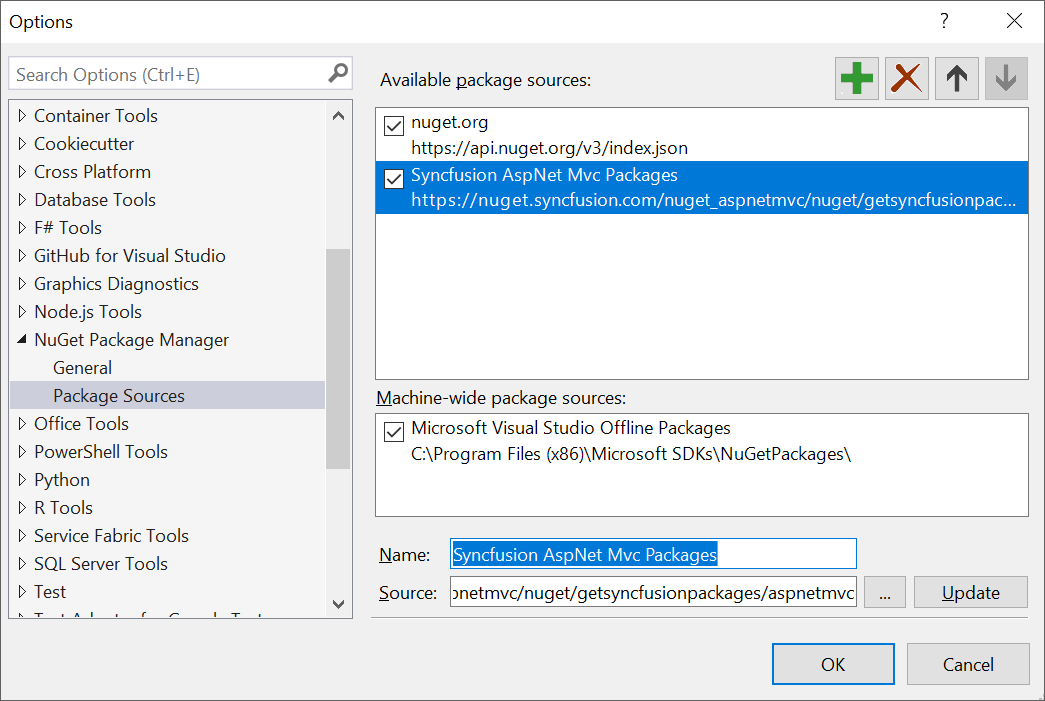 NuGet Package Manager dialog with Syncfusion Essential JS 1 MVC NuGet feed URL for reference