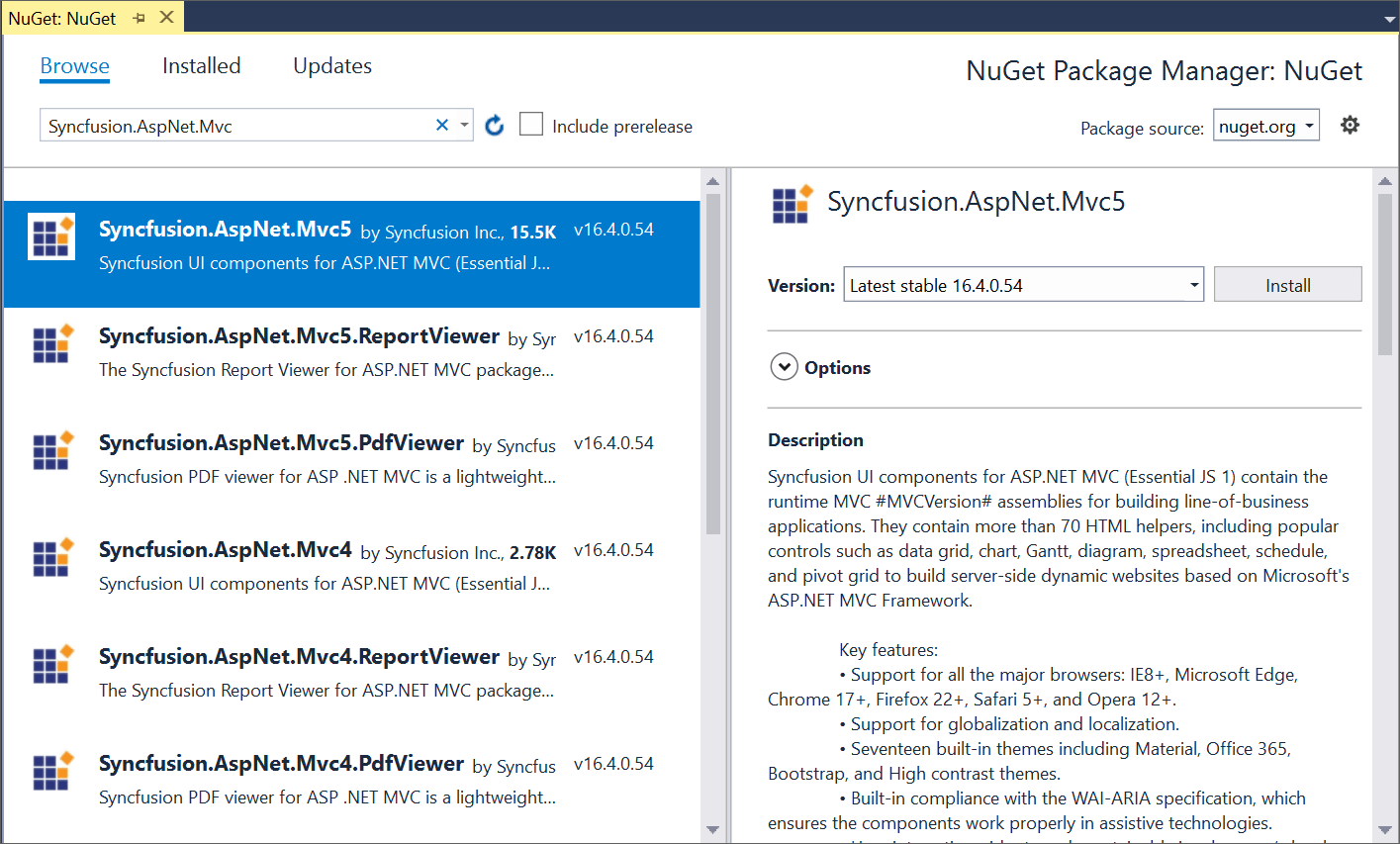 NuGet package manager dialog window