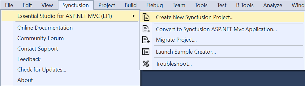 Syncfusion Menu when Selected Synfusion ASP.NET MVC EJ1 application in Visual Studio