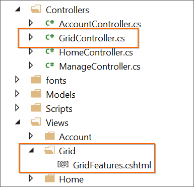 Required View and Controller files are added in the project for the selected controls