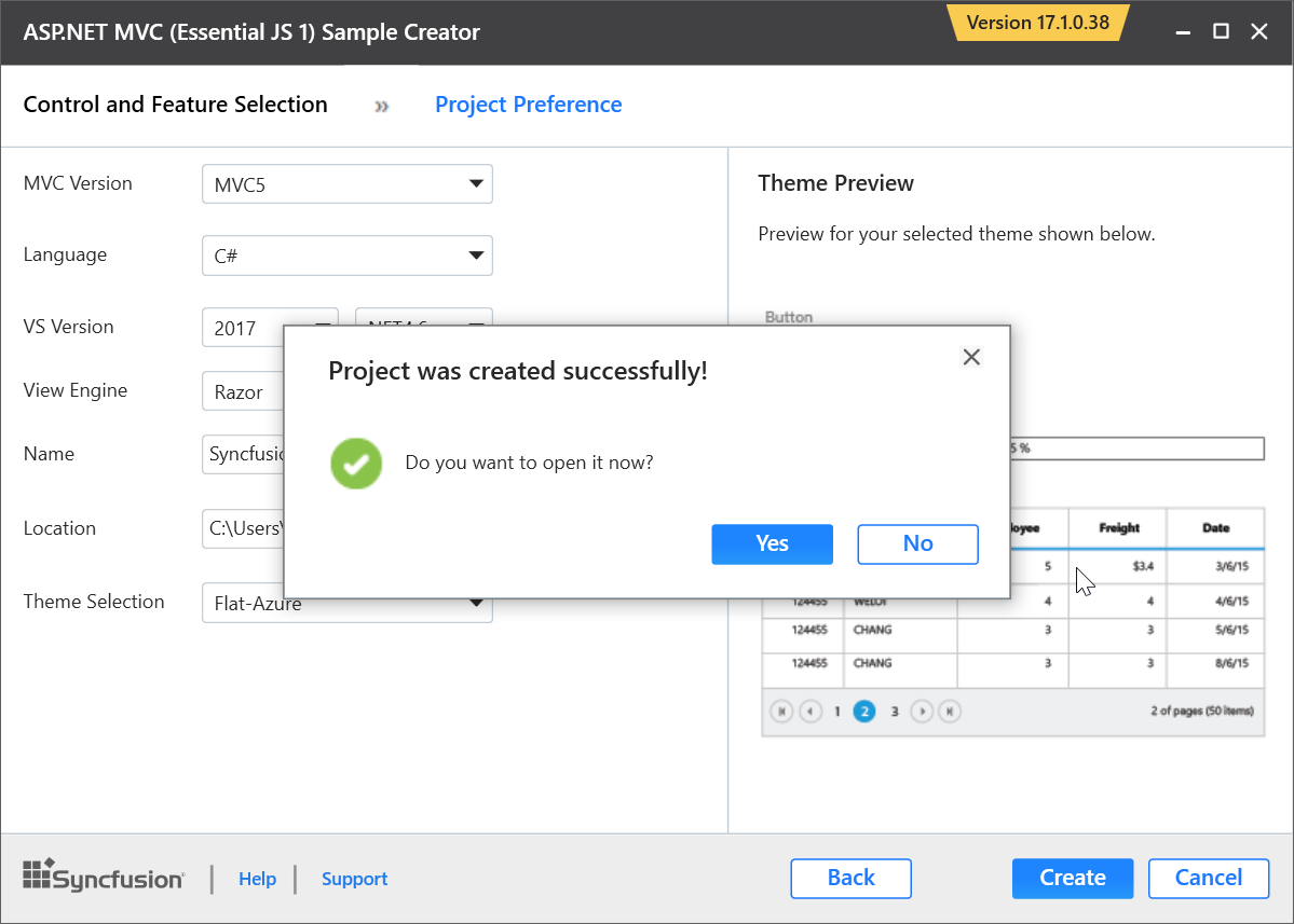 The project successfully created using Syncfusion Essential JS 1 ASP.NET MVC Sample Creator