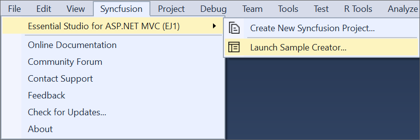 launch the Essential JS 1 ASP.NET MVC Sample Creator via Syncfusion menu