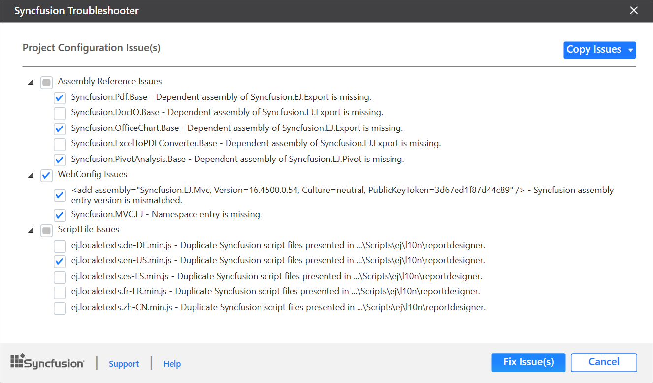 Syncfusion Troubleshooter wizard with project configuration issues