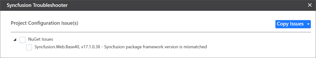 Syncfusion NuGet packages Framework version mismatched issue shown in Troubleshooter wizard
