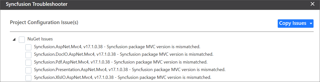 Syncfusion NuGet packages MVC version mismatched issue shown in Troubleshooter wizard