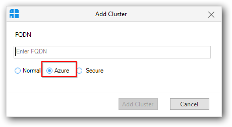 Adding Azure cluster dialog