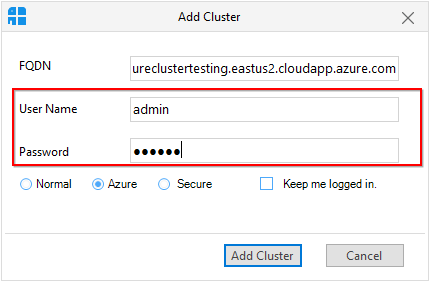 Azure cluster details dialog