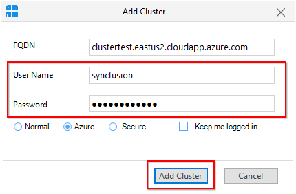 Azure cluster status dialog