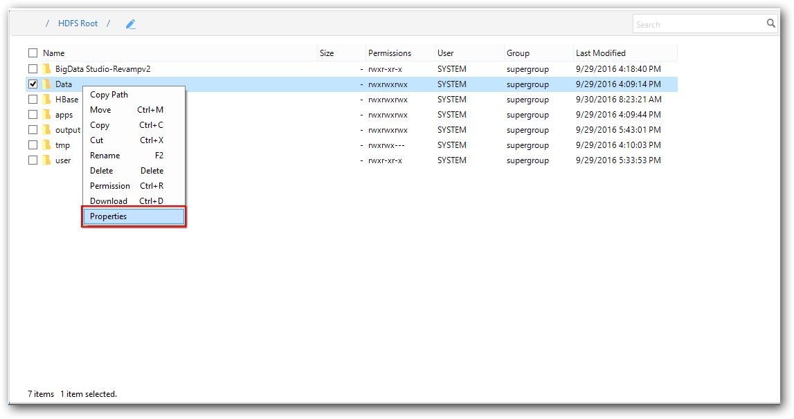 Folder properties in BigData HDFS Interface
